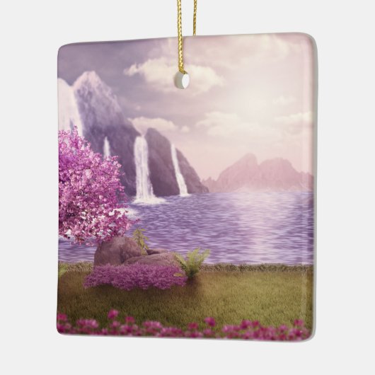 Watervallen en Cherry Trees rond een meer Keramisch Ornament (Links)