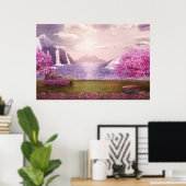 Watervallen en Cherry Trees rond een meer Poster (Thuiskantoor)