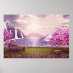 Watervallen en Cherry Trees rond een meer Poster
