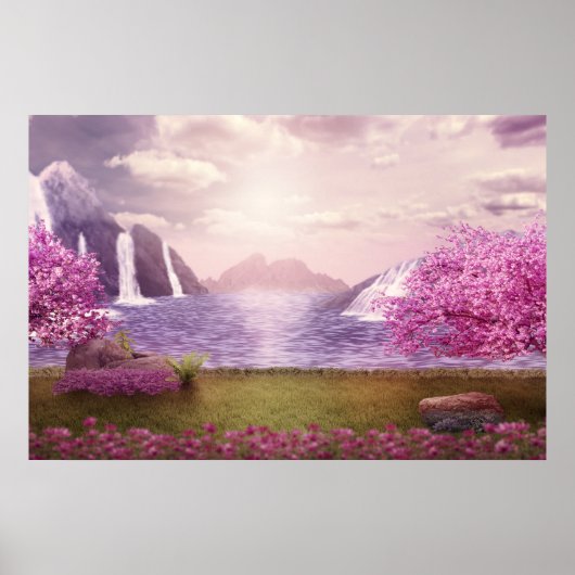 Watervallen en Cherry Trees rond een meer Poster (Voorkant)