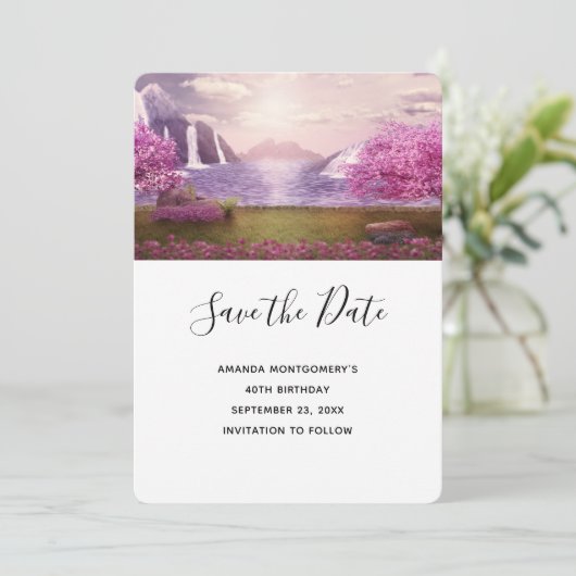 Watervallen en Cherry Trees rond een meer Save The Date (Staand voorkant)