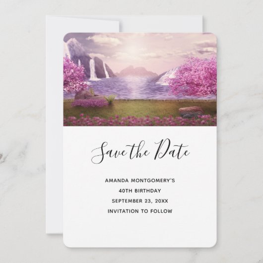 Watervallen en Cherry Trees rond een meer Save The Date (Voorkant)