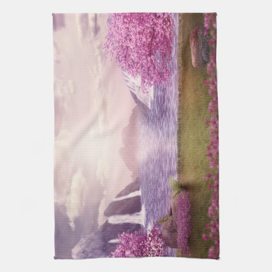 Watervallen en Cherry Trees rond een meer Theedoek (Verticaal)