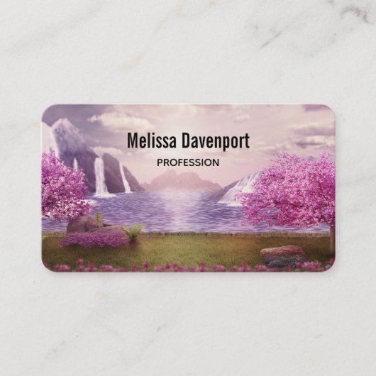 Watervallen en Cherry Trees rond een meer Visitekaartje (Voorkant)