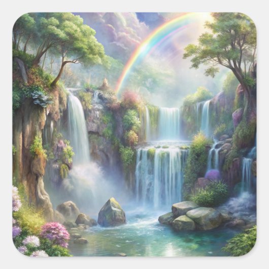 Watervallen en regenboog vierkante sticker (Voorkant)