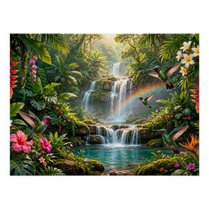 Watervallen Regenboog Kolibries Tropisch Oord Perfect Poster