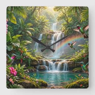 Watervallen Regenboog Kolibries Tropisch Schuilpla Vierkante Klok
