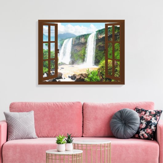 Watervallen Uitzicht Faux Venster Canvas Afdruk (Insitu (Woonkamer))