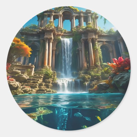 Watervaltempel Ronde Sticker (Voorkant)