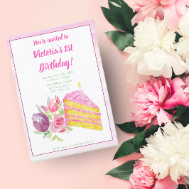 Waterverf 1e roze verjaardagstaart met bloemen kaart