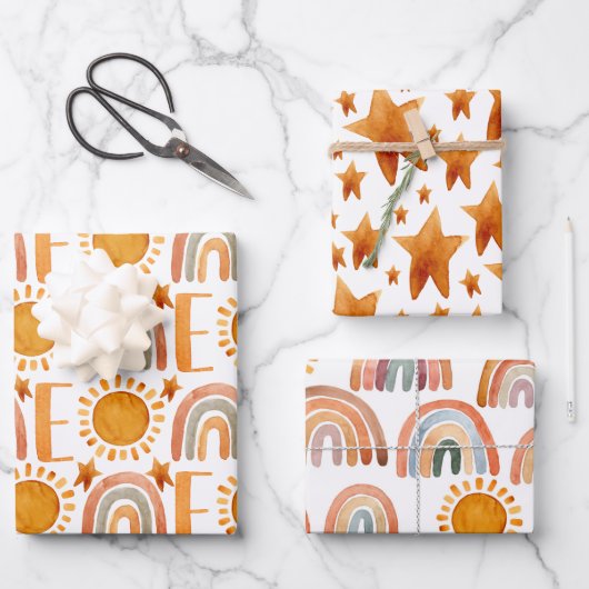 Waterverf 1e verjaardag Happy Fun Boho Inpakpapier Vel (Voorkant)