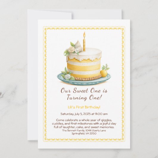 Waterverf 1e Verjaardag Uitnodiging - Taart geel (Voorkant)