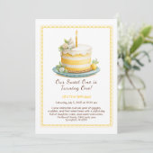 Waterverf 1e Verjaardag Uitnodiging - Taart geel (Staand voorkant)