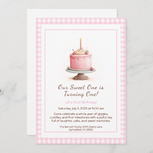 Waterverf 1e Verjaardag Uitnodiging - Taart roze (Voorkant / Achterkant)