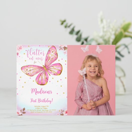 Waterverf 1e Verjaardag Vlinder Fotouitnodiging Kaart (Staand voorkant)