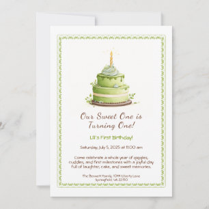 Waterverf 1e Verjaardagsuitnodiging - Cake green Kaart