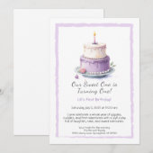 Waterverf 1e verjaardagsuitnodiging met lila taart kaart (Voorkant / Achterkant)