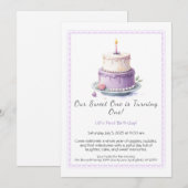 Waterverf 1e verjaardagsuitnodiging met lila taart kaart (Voorkant / Achterkant)