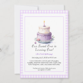 Waterverf 1e verjaardagsuitnodiging met taart lila kaart
