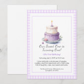 Waterverf 1e verjaardagsuitnodiging met taart lila kaart (Voorkant / Achterkant)