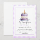 Waterverf 1e verjaardagsuitnodiging met taart lila kaart (Voorkant / Achterkant)