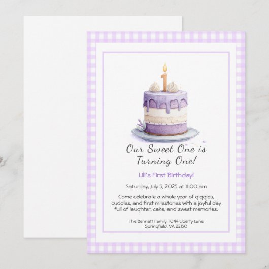 Waterverf 1e verjaardagsuitnodiging met taart lila kaart (Voorkant / Achterkant)