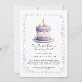 Waterverf 1e verjaardagsuitnodiging met taart lila kaart
