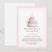 Waterverf 1e verjaardagsuitnodiging met taart roze kaart (Voorkant / Achterkant)