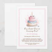 Waterverf 1e verjaardagsuitnodiging met taart roze kaart (Voorkant / Achterkant)