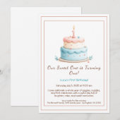 Waterverf 1e verjaardagsuitnodiging met taartkaars kaart (Voorkant / Achterkant)