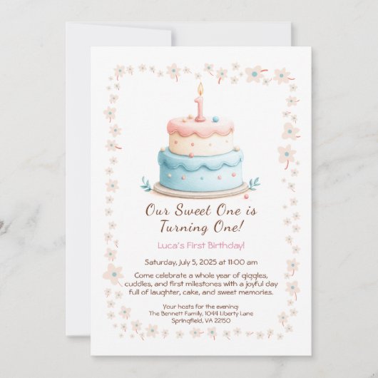 Waterverf 1e verjaardagsuitnodiging met taartkaars kaart (Voorkant)