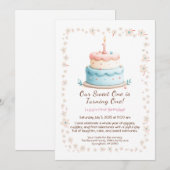 Waterverf 1e verjaardagsuitnodiging met taartkaars kaart (Voorkant / Achterkant)