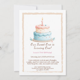 Waterverf 1e verjaardagsuitnodiging met taartkaars kaart