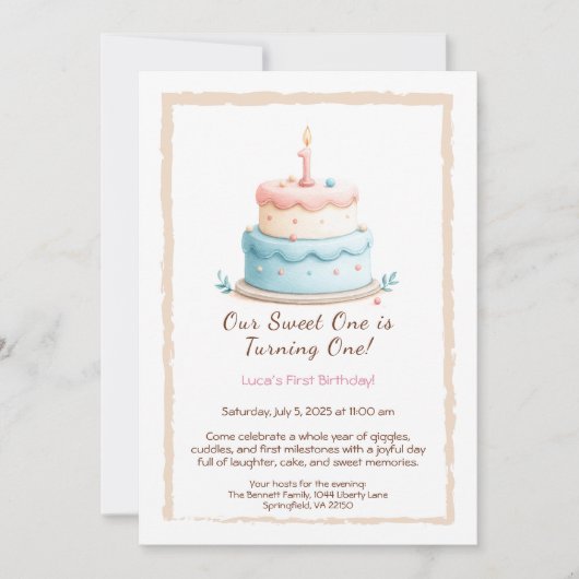 Waterverf 1e verjaardagsuitnodiging met taartkaars kaart (Voorkant)