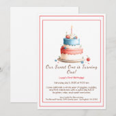 Waterverf 1e verjaardagsuitnodiging met taartkaars kaart (Voorkant / Achterkant)