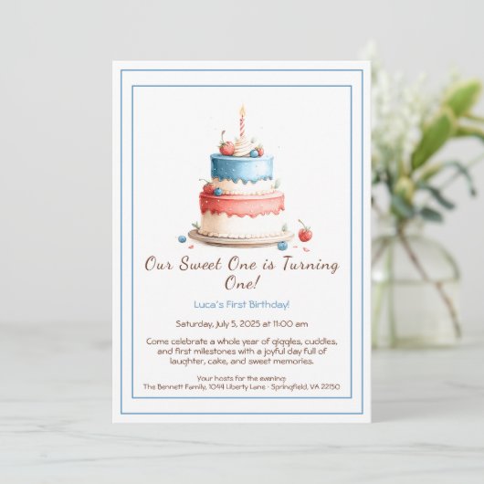 Waterverf 1e verjaardagsuitnodiging met taartkaars kaart (Staand voorkant)