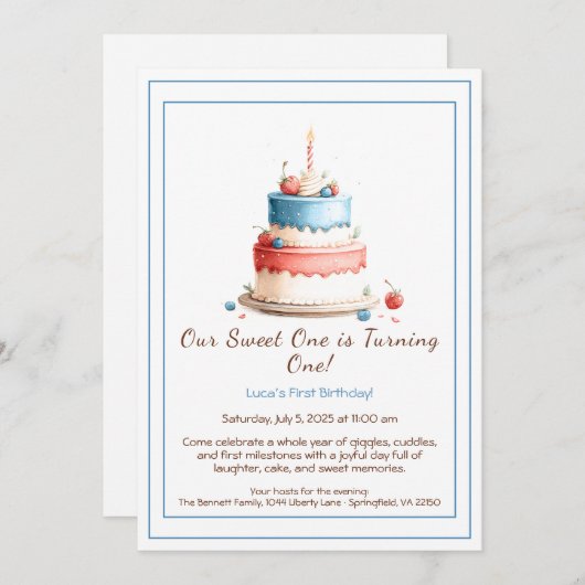 Waterverf 1e verjaardagsuitnodiging met taartkaars kaart (Voorkant / Achterkant)