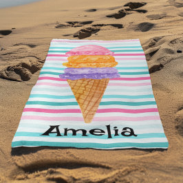 Waterverf 3 bolletjes ijs gepersonaliseerd strandlaken