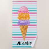 Waterverf 3 Scoop Ice Cream gepersonaliseerd Strandlaken (Voorkant)