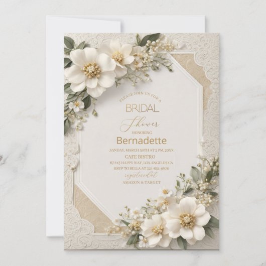 Waterverf 3D witte bloemen goud Bruidsdiner Kaart (Voorkant)