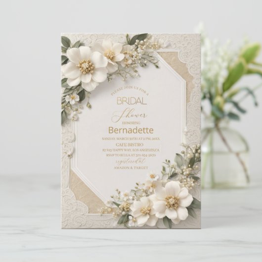 Waterverf 3D witte bloemen goud Bruidsdiner Kaart (Staand voorkant)