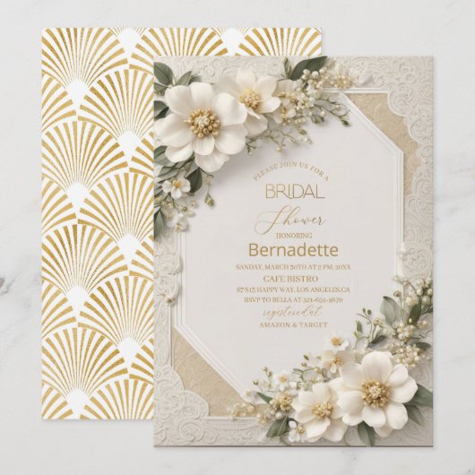 Waterverf 3D witte bloemen goud Bruidsdouche Kaart (Voorkant / Achterkant)