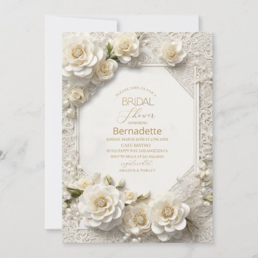 Waterverf 3D witte bloemen goud Bruidsdouche Kaart (Voorkant)