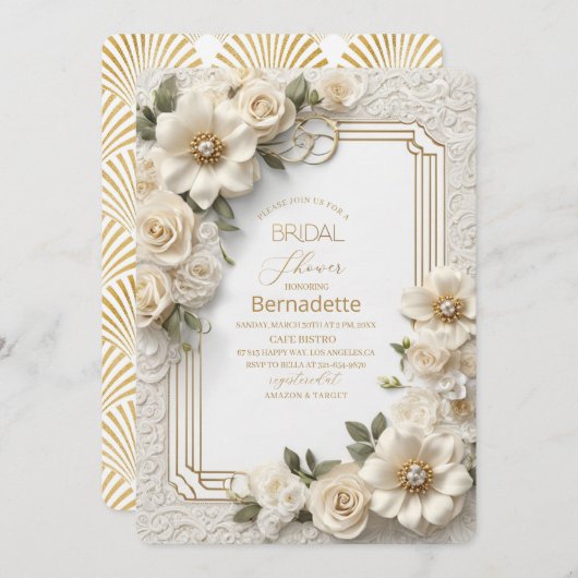 Waterverf 3D witte bloemen goud Bruidsdouche Kaart (Voorkant / Achterkant)