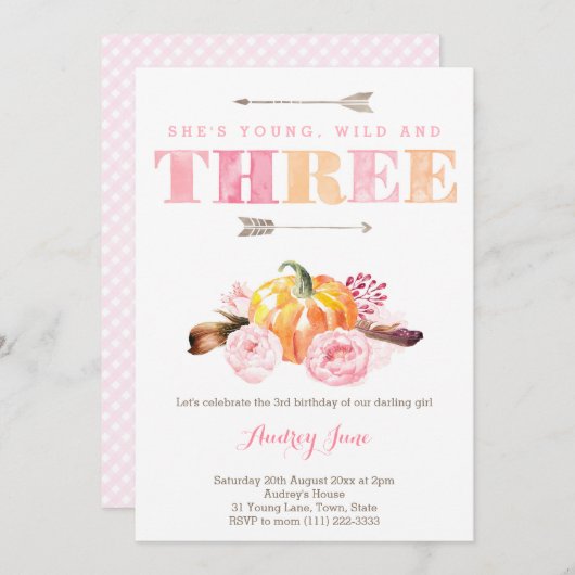 waterverf 3e verjaardag Uitnodiging boho pumpkin (Voorkant / Achterkant)