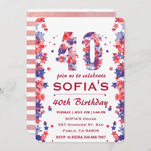 Waterverf 4 juli 40ste Verjaardagsfeestuitnodiging Kaart (Voorkant / Achterkant)
