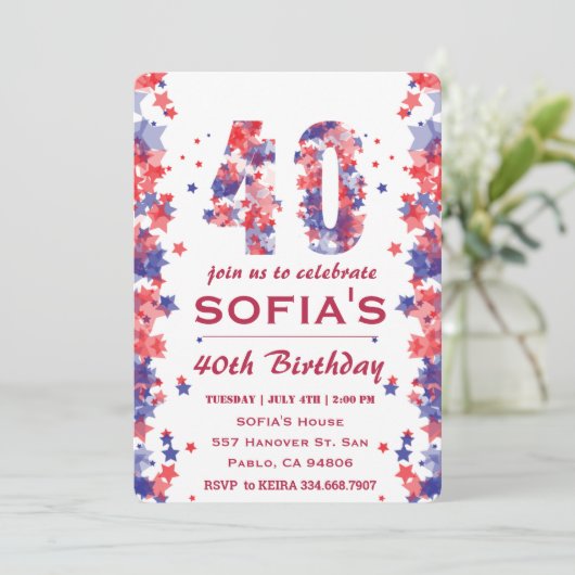 Waterverf 4 juli 40ste Verjaardagsfeestuitnodiging Kaart (Staand voorkant)