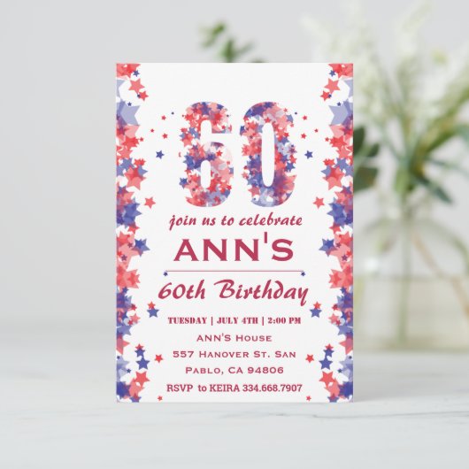 Waterverf 4 juli 60ste Verjaardagsfeestuitnodiging Kaart (Staand voorkant)