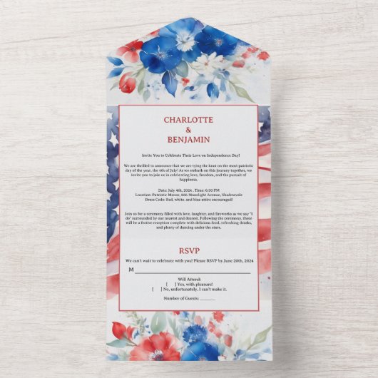 Waterverf 4 juli bruiloft all in one uitnodiging (Binnen)