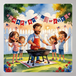 Waterverf 4 juli Familie BBQ Poster